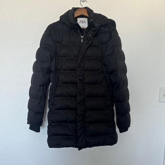 ZARA Women’s Black Puffer Coat Medium Long Quilted Hooded Jacket - Picture 1 of 8